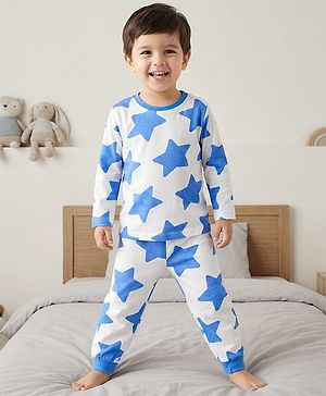 Babyhug Cotton Knit Full Sleeves Co-ords Night Suit With Star Print - White & Blue