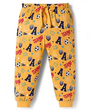 Babyhug Single Jersey Knit Full Length Lounge Pant With Soccer Print - Yellow