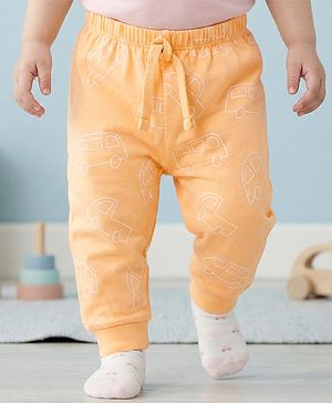 Babyhug Single Jersey Knit Full Length Lounge Pant With Vehicle Print - Cream