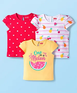 Babyhug Cotton Knit Cap Sleeves
                              T-Shirts With Fruit & Heart Print Pack
                              of 3 - Yellow Red & White