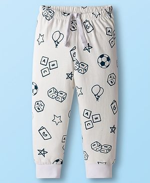 Babyhug Single Jersey Knit Full Length Lounge Pant with Alphabet Print - White
