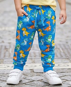 Babyhug Single Jersey Knit Full Length Lounge Pant With Dino Print - Blue