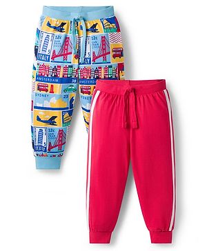 Babyhug Single Jersey Knit Full Length Lounge Pants with City Print Pack of 2 - Red & Light Blue
