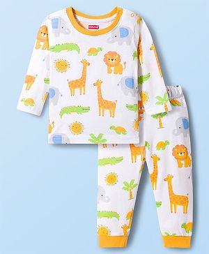 Babyhug Cotton Knit Full Sleeves Jungle Theme Animal Printed T-Shirt & Pyjama Co- Ord Night Suit - White