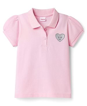 Babyhug Cotton Knit Half Puffed Sleeves Polo T-Shirt with Heart Print - Pink