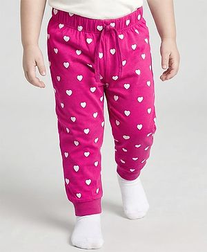 Babyhug Single Jersey Knit Full Length Lounge Pant With Heart Print - Dark Pink