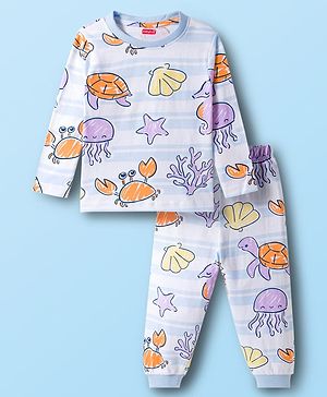Babyhug Cotton Knit Full Sleeves Sea Life Printed Co-Ord T-Shirt & Pyjama Night Suit - White