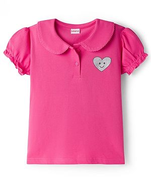 Babyhug Cotton Knit Half Puffed Sleeves Polo T-Shirt with Heart Print - Pink