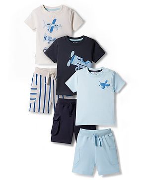 Bonfino 100% Cotton  Knit Half Sleeves T-Shirt & Cargo Shorts Set with Airplane Print Pack of 3 - Multicolor