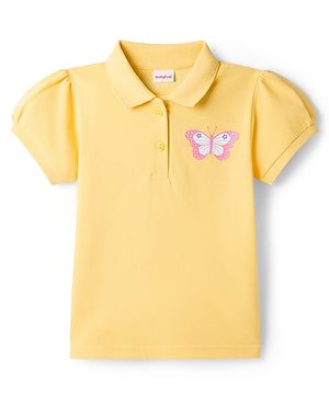 Babyhug Cotton Knit Half Puffed Sleeves Polo T-Shirt with Butterfly Print - Yellow