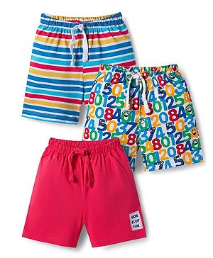 Babyhug Single Jersey Knit Mid Thigh Striped & Number Printed Shorts Pack of 3 - Multicolor