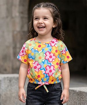 Babyhug Cotton Knit Half Sleeves Oversized T-Shirt with Floral Print - Multicolor
