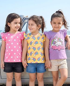 Babyhug 100% Cotton Knit Frill Sleeves T-Shirts With Unicorn & Star Print Pack of 3 - Purple Pink & Yellow