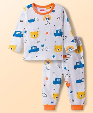 Babyhug Cotton Knit Full Sleeves Co-ords T-Shirt & Lounge Pant With Vehicle Print - White