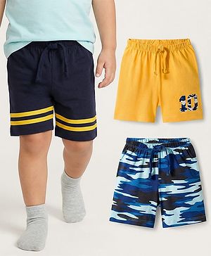 Babyhug Single Jersey Knit Camouflage Printed Mid Thigh Length Shorts Pack Of 3 - Yellow Blue & Navy Blue