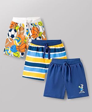 Babyhug Single Jersey Knit Mid Thigh Length Striped Bunny & Ball Printed Shorts Pack of 3 - Yellow Blue & White