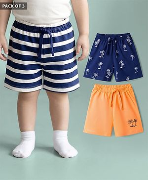 Babyhug Single Jersey Knit Mid Thigh Striped & Tree Printed Shorts Pack of 3 - Navy Blue Orange & White