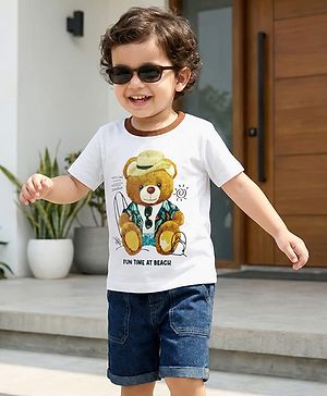 Babyhug Single Jersey Knit Half Sleeves Bear Printed T-Shirt & Shorts Set - White & Navy Blue