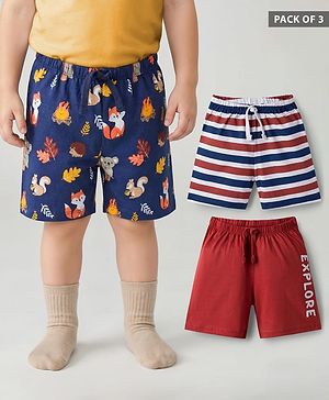 Babyhug Single Jersey Knit Mid Thigh Striped & Animal Printed Shorts Pack of 3 - Multicolor