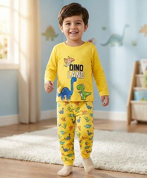 Babyhug Cotton Knit Full Sleeves T-Shirt Style & Lounge Pant Night Suit With Dino Print - Yellow