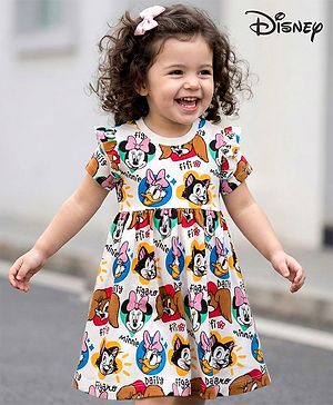 Babyhug Disney Single Jersey Knit Half Sleeves Frock With Minnie Mouse & Friends Print - White
