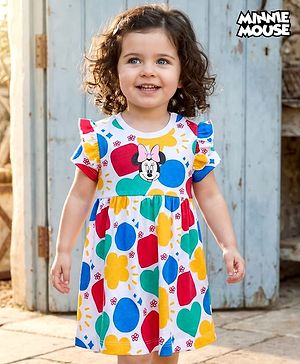 Babyhug Disney Single Jersey Knit Half Sleeves Frock With Minnie Mouse & Friends Print - White