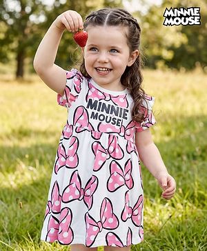 Babyhug Disney Single Jersey Knit Half Sleeves Frock With Minnie Moue & Friends Print - White
