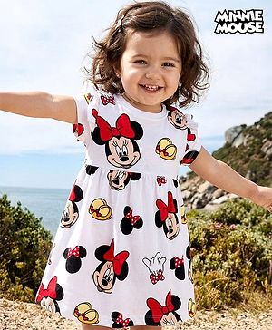 Babyhug Disney Single Jersey Knit Half Sleeves Frock With Minnie Mouse & Friends Print - White