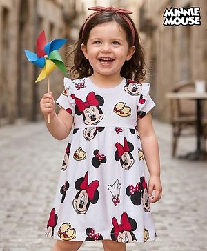 Babyhug Disney Single Jersey Knit Half Sleeves Frock With Minnie Mouse & Friends Print - White