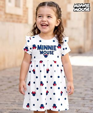 Babyhug Disney Single Jersey Knit Half Sleeves Frock With Minnie Mouse & Friends Print - White