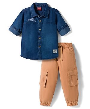 Babyhug Denim Full Sleeves Shirt & Trouser Set with Embroidery - Blue & Brown