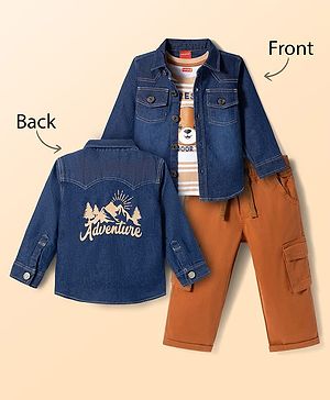Babyhug Denim Woven Full Sleeves Shirt & Trouser Set With Printed Inner Tee - Blue & Brown