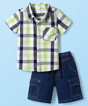 Babyhug Cotton Woven Half Sleeves Checkered Shirt & Denim Shorts Set - Navy Blue