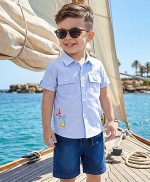 Babyhug Cotton Knit Half Sleeves Shirt with Stamp Print & Denim Shorts Set -  Blue