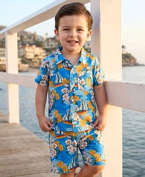 Babyhug Rayon Woven Half Sleeves Floral Printed Shirt & Shorts Set - Blue