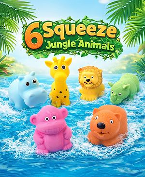 Babyhug Squeeze Bath Toy - Pack Of 6| Jungle Adventure Set With Giraffe, Hippo, Rhino, Bear, Monkey & Lion Characters| Perfect Gifting Toy| Non Toxic| BIS Certified