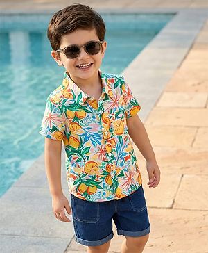Babyhug Rayon Woven Half Sleeves Shirt & Denim Shorts Set With Tropical Print - Multicolor