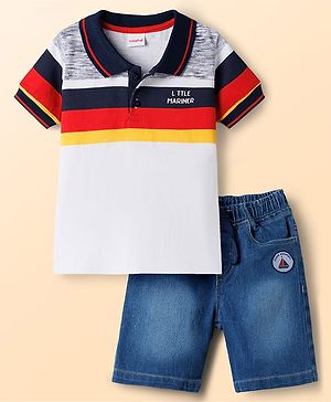 Babyhug Single Jersey Knit Half Sleeves Cut & Sew Polo T-Shirt & Denim Shorts Set with Nautical Theme Embroidery - Blue
