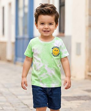 Babyhug Single Jersey Knit Half Sleeves T-Shirt & Shorts Set with Smiley Print - Light Green & Blue