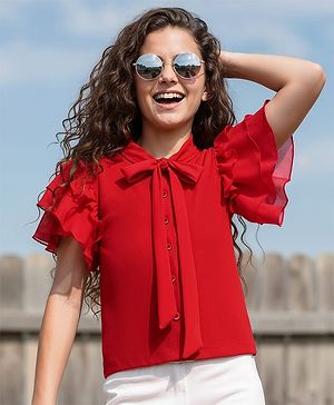 Pine Kids Cotton Lycra Knit Half Sleeves Solid Top - Red