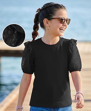 Pine Kids Cotton Lycra Knit Half Sleeves Solid Top with Lace Detailing - Black
