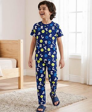 Pine Kids Single Jersey Knit Half Sleeves T-Shirt & Pajama Night Suit With Alphabet Print - Blue