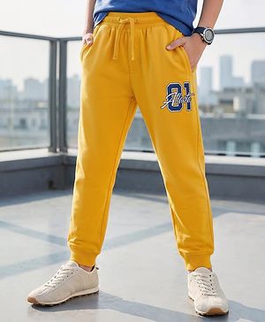 Pine Kids Knit Full Length Lounge Pant with Text Print - Yellow