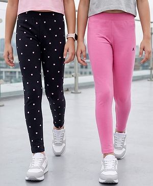 Pine Kids Cotton Lycra Knit Full Length Leggings With Heart Print Pack Of 2 - Pink & Black