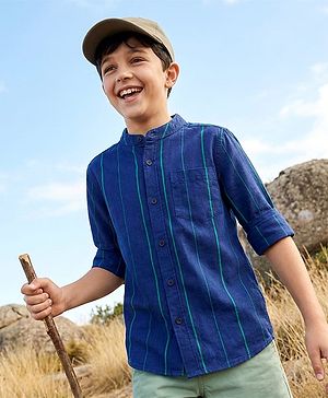 Pine Kids 100% Cotton Woven Full Sleeves Mandarin Collar Striped Shirt - Navy Blue