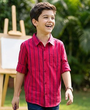 Pine Kids 100% Cotton Woven Full Sleeves Striped Shirt - Red