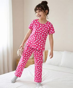 Pine Kids  Single Jersey Knit Half Sleeves Co-ords Night Suit with Heart Print - Pink