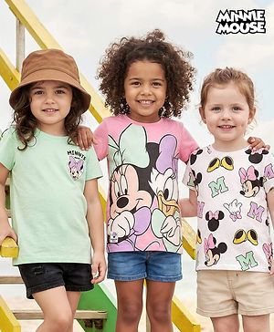 Babyhug Disney Single Jersery Knit Half Sleeves T-Shirt with Minnie & Friends Graphic Pack of 3 - Pink & Green