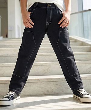 Pine Kids Cotton Woven Full Length Solid Color Jeans - Black