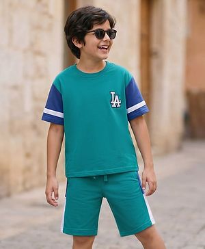 Pine Kids Looper Knit Half Sleeves T-Shirt & Shorts Set With LA Embroidery - Teal Blue